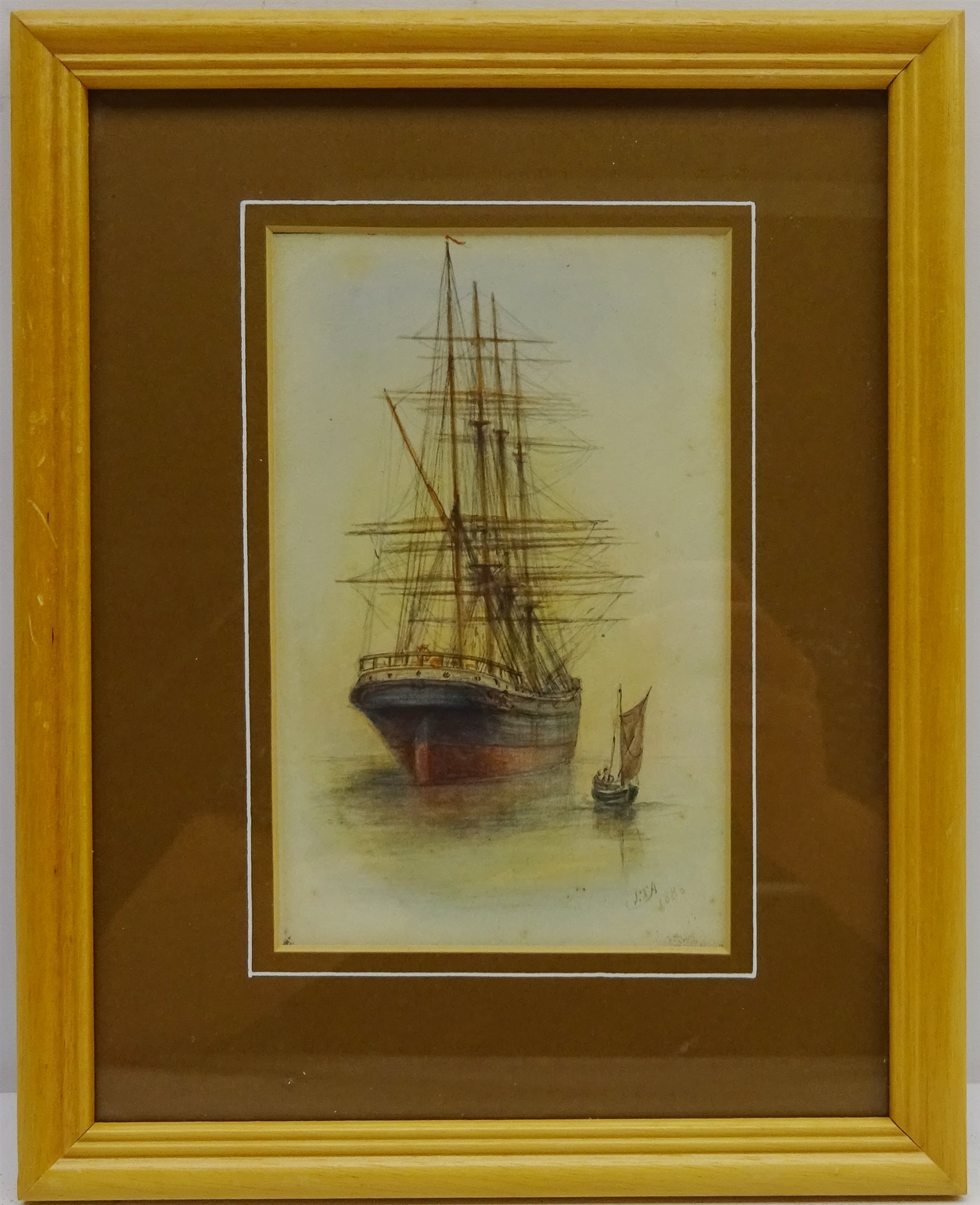 Sailing Vessel And Boat In Calm Waters 19th Century Watercolour Signed With Initials J T A And Dated 16 15 5cm X 9 5cm Antiques Interiors