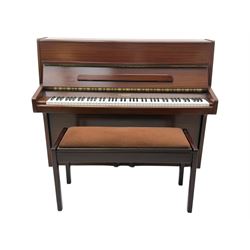 Knight - 20th century upright piano, in polished mahogany case with fall-front lid and twin brass pedals, complete with matching storage bench upholstered in brown fabric with receipt from Harrods (H 50cm x D 37cm W 95cm) 