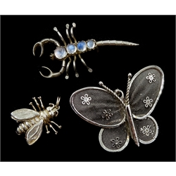 Silver moonstone scorpion brooch and two other insect brooches