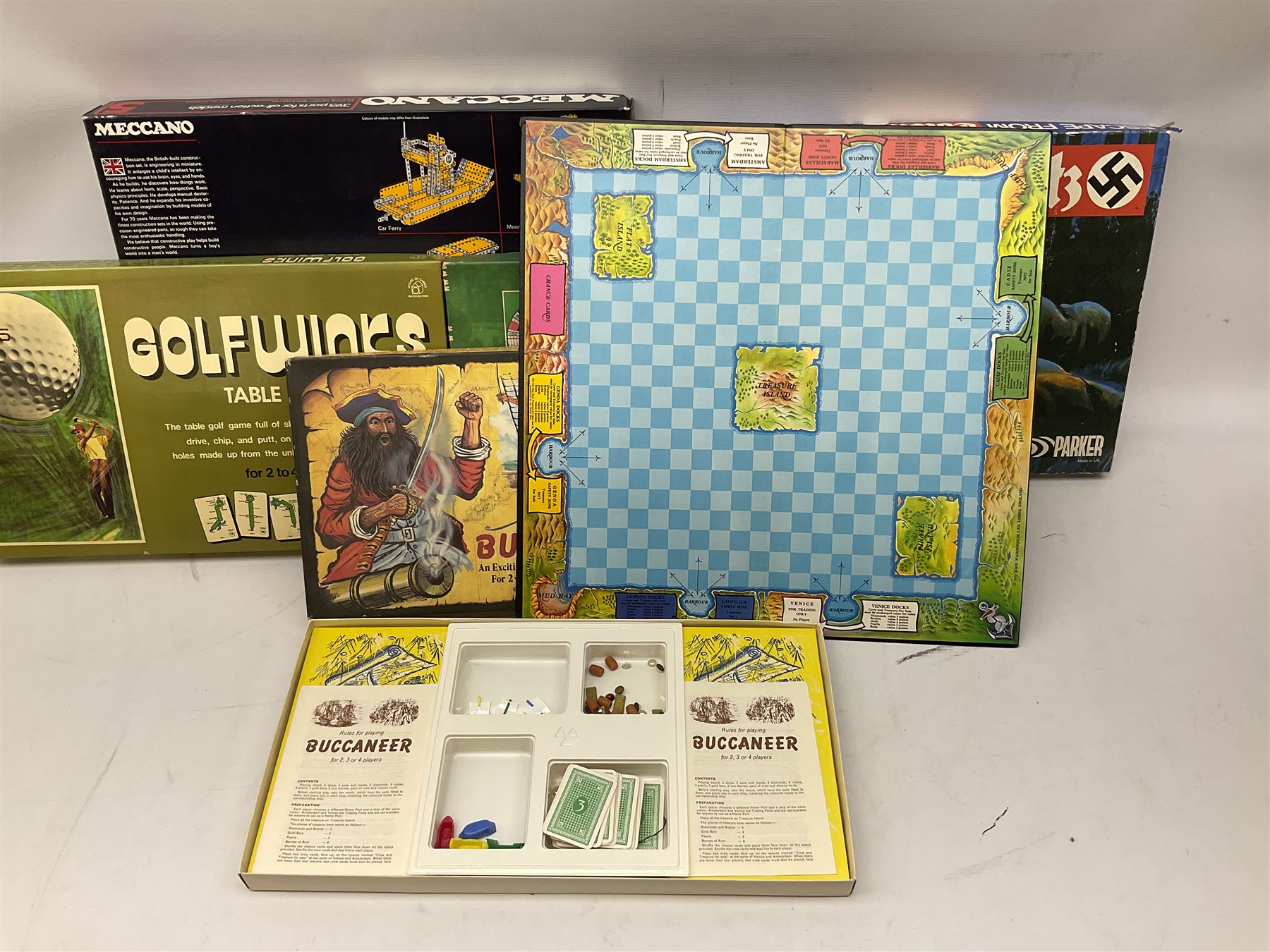 Meccano - Set No.5 with instruction booklets and Set 1+1X Conversion Set; both boxed; Adman Grandstand TV Game; boxed; Parker Colditz Board Game; and four Waddingtons Board Games including Cube Fusion, Totopoly, Golf Winks and Buccaneer; all boxed (8)
