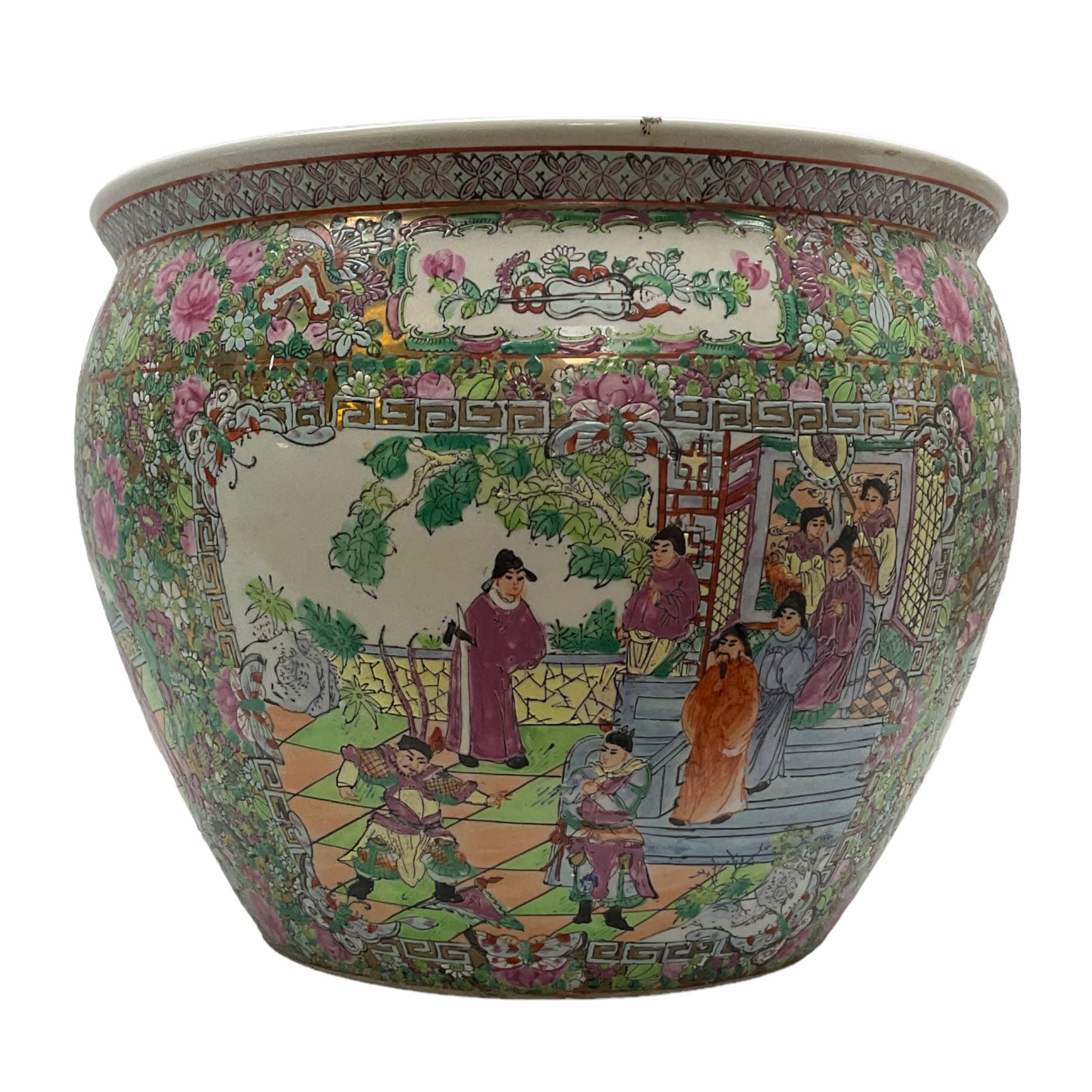 Large 20th century Chinese jardinière/fish bowl in the Famille Rose palette, decorated with four figural panels against floral and foliate scroll ground with gilt detail, the interior painted with carp amongst seaweed, D37cm
