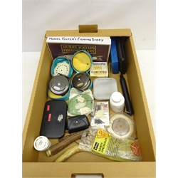  Collection of fly fishing tackle including Intrepid rim fly regular and gear fly trout reels with spare spool, House of Hardy fly box, Wheatley silmalloy cast and tube boxes, antler priest, Muriel Foster's fishing diary etc in one box  