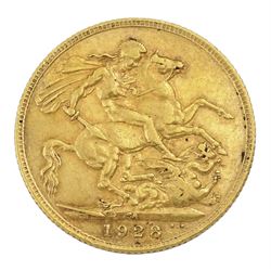 King George V 1928 gold full sovereign coin, South Africa mint