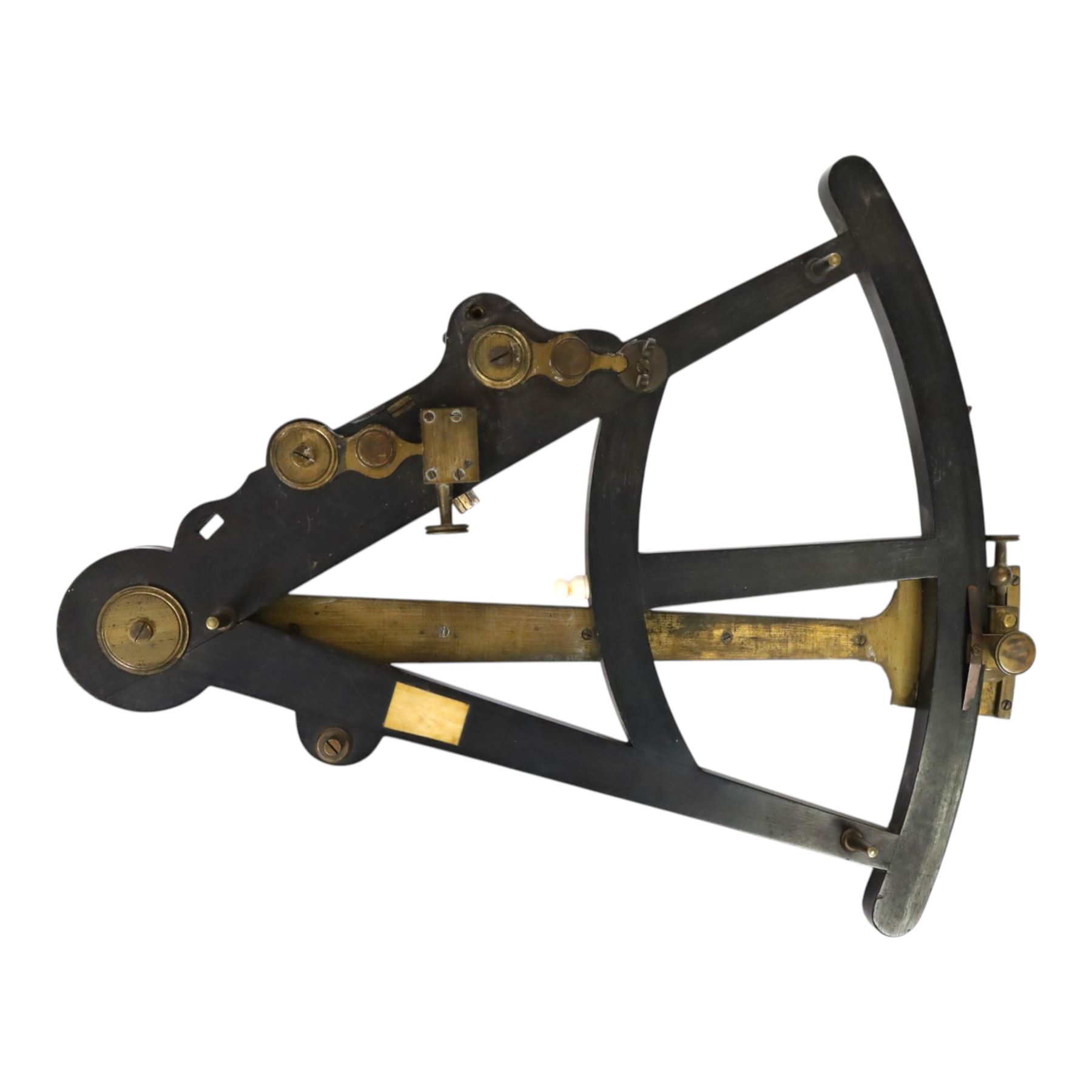 IVORY LICENCE 19th century ebony and brass octant, with inset ivory scale, unmarked, L35cm