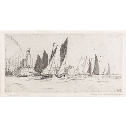 Nelson Ethelred Dawson (British 1860-1941): 'Fishing Boats Leaving Scarborough', etching s...