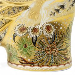 Royal Crown Derby Imari: Long Eared Owl, limited edition paperweight No 114 of 300, designed by Tien Manh Dinh signed by Hugh Gibson and with gold stopper and certificate H27cm