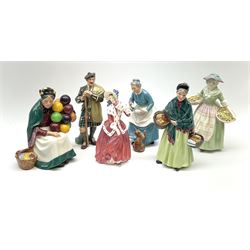Five Royal Doulton figures, comprising Daffy Down Dilly HN1712, Christmas Morn HN1992, The Favourite HN2249, The Old Balloon Seller HN1315, and The Orange Lady HN1953. 
