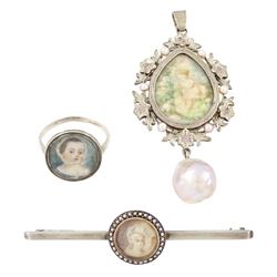 19th/ early 20th century silver portrait miniature jewellery including a pearl set pendant...