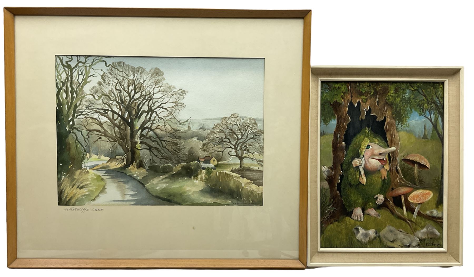 EJ Taylor (British 20th century): Woodland Troll with Fly Agaric, oil on board signed; M Richardson (British 20th century): 'Whitcliffe Lane', watercolour signed and titled max 34cm x 37cm (2)