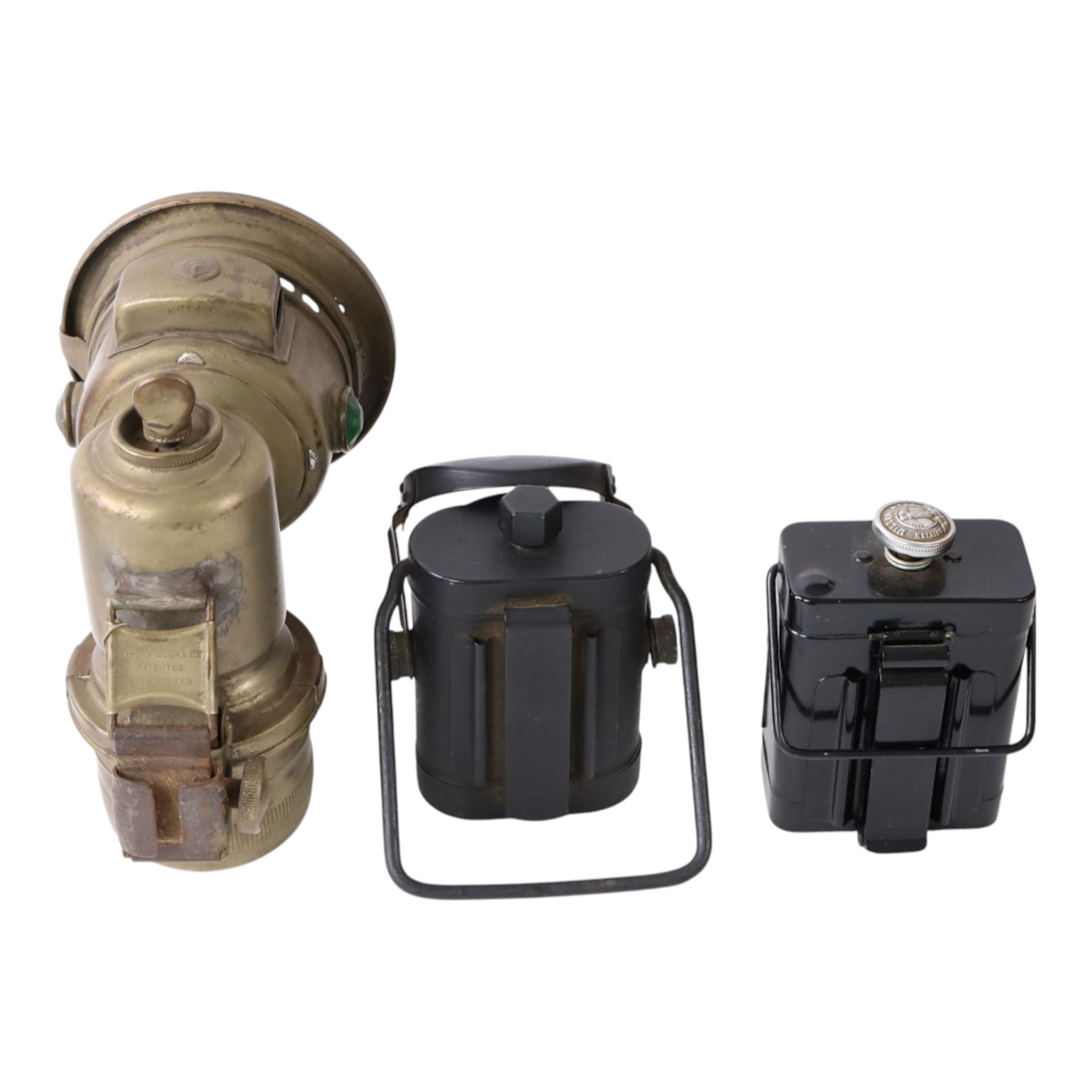 Bicycle lamps and similar, including three WWII black out lanterns, two by Joseph Lucas Ltd, the other by H.M & Co Ltd, all with broad arrows, three further Lucas bicycle lamps including two oil lamps and a carbide lamp