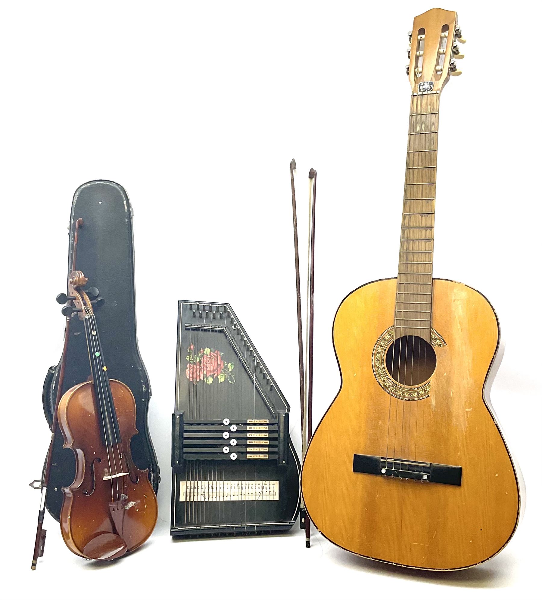 Skylark childs violin and bow, case, together with two other bows, an acoustic guitar and German Auto-Harps zither with floral decoration.   