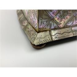 Victorian mother of pearl tea caddy, of rectangular bow-fronted form, the body with floral, bird and geometric engraved mother of pearl panels, white metal shield plaque to the cover inscribed with the initials G.J.A and similar escutcheon, the two division interior with ivory edging and two panelled mother of pearl lids, on four vegetable ivory bun feet L20cm, together with a similar style mother of pearl card case (2) This item has been registered for sale under Section 10 of the APHA Ivory Act