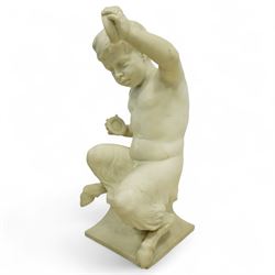 Follower of Claude Michel Clodion (French 1738-1814): The Putti-Faun Orchestra - set of four Italian carved white marble figures of child satyrs as musicians, each finely carved figure depicting a seated putto-faun with youthful features and small goat’s legs and cloven feet, variously playing rustic instruments: a syrinx (Panpipes), a flute, a tambourine and clappers - each raised on an integral waisted square plinth, Italian, circa 1900

Provenance: Kirkham Hall

Notes: Inspired by the rustic god Pan and his followers, these putti-fauns reflect the late-19th-century revival of classical themes popular with Grand Tour collectors; their instruments evoke the god Pan’s pastoral music, while the carving and  composition exemplify the appeal of bacchic subjects in the Italian neoclassical tradition