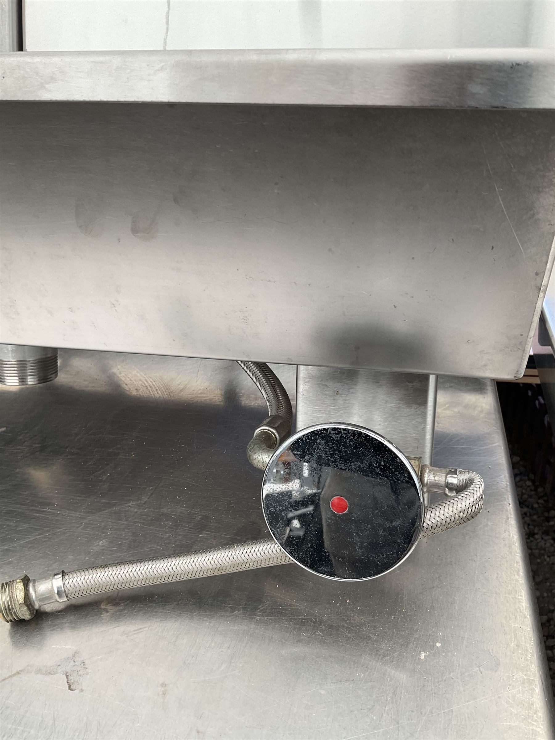 Pair of commercial stainless steel hot and cold hand wash stations, wall mounted, knee press taps - THIS LOT IS TO BE COLLECTED BY APPOINTMENT FROM DUGGLEBY STORAGE, GREAT HILL, EASTFIELD, SCARBOROUGH, YO11 3TX