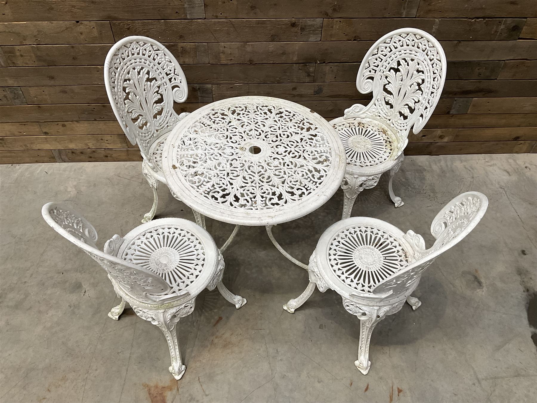 Victorian design white painted aluminium garden table, and four chairs