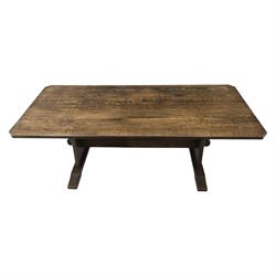 Acorn Industries - country oak kitchen or dining table, rectangular top with canted corners, shaped pedestals with joining pegged stretcher, Acornman signature