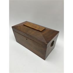 19th century rosewood sarcophagus tea caddy, the hinged cover opening to reveal an interior with two lidded divisions flanking a central recess holding a later glass mixing bowl, H17cm L31.5cm