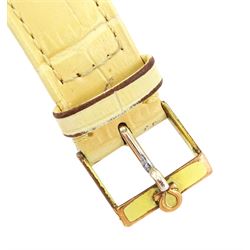 Omega Genève gentleman's stainless steel and gold-plated manual wind wristwatch, Ref. 135.0041, silvered dial with baton hour markers, on cream leather strap, with Omega gilt buckle, boxed with papers dated 1974