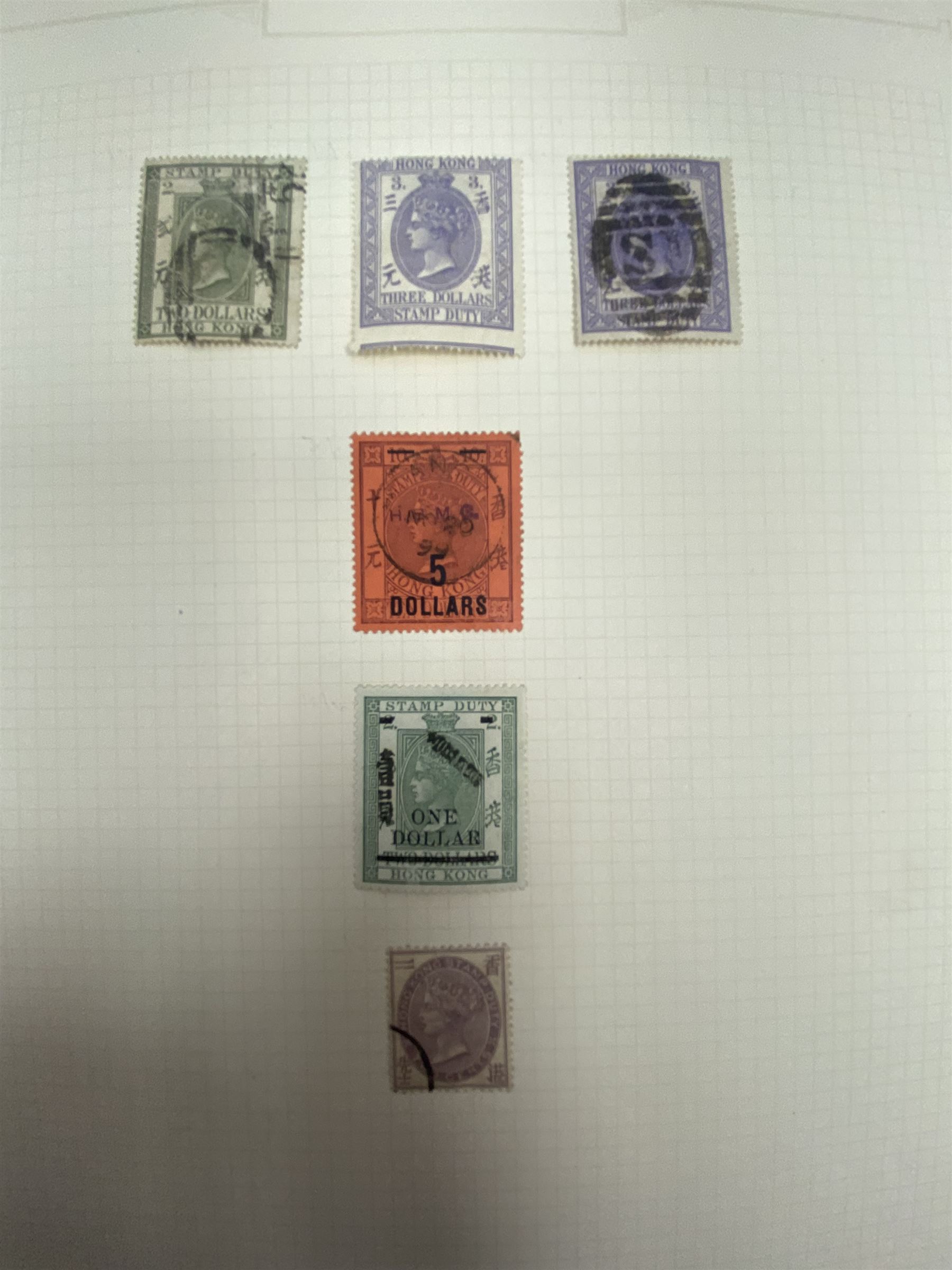 Hong Kong Queen Victoria and later stamps, including 1874-1902 postal fiscal stamps, various King Edward VII issues including one dollars, China overprints etc, housed on pages