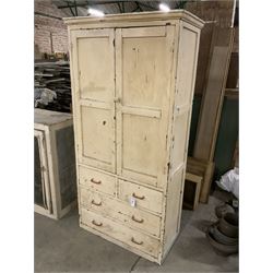19th century painted pine wardrobe cupboard, fitted with two panelled doors, two short and two long drawers - THIS LOT IS TO BE COLLECTED BY APPOINTMENT FROM THE OLD BUFFER DEPOT, MELBOURNE PLACE, SOWERBY, THIRSK, YO7 1QY
