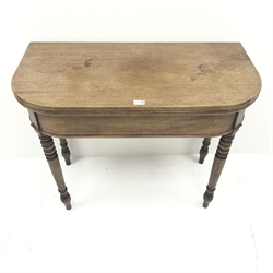  19th century mahogany side table, fold-over top, turned tapering supports, W94cm, H76cm, D92cm  