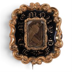 Victorian 9ct gold hairwork mourning brooch and a 9ct gold stone set brooch