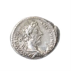 Roman Empire - Marcus Aurelius (AD 161-180): Silver Denarius coin, obverse laureate head of Marcus Aurelius right, legend IMP M AVREL ANTONINVS AVG; reverse Victory advancing holding wreath and palm, legend COS X IMP P; c.AD 166, Rome mint