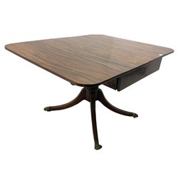 George III mahogany drop leaf supper table, single end drawer, turned column on four splay legs