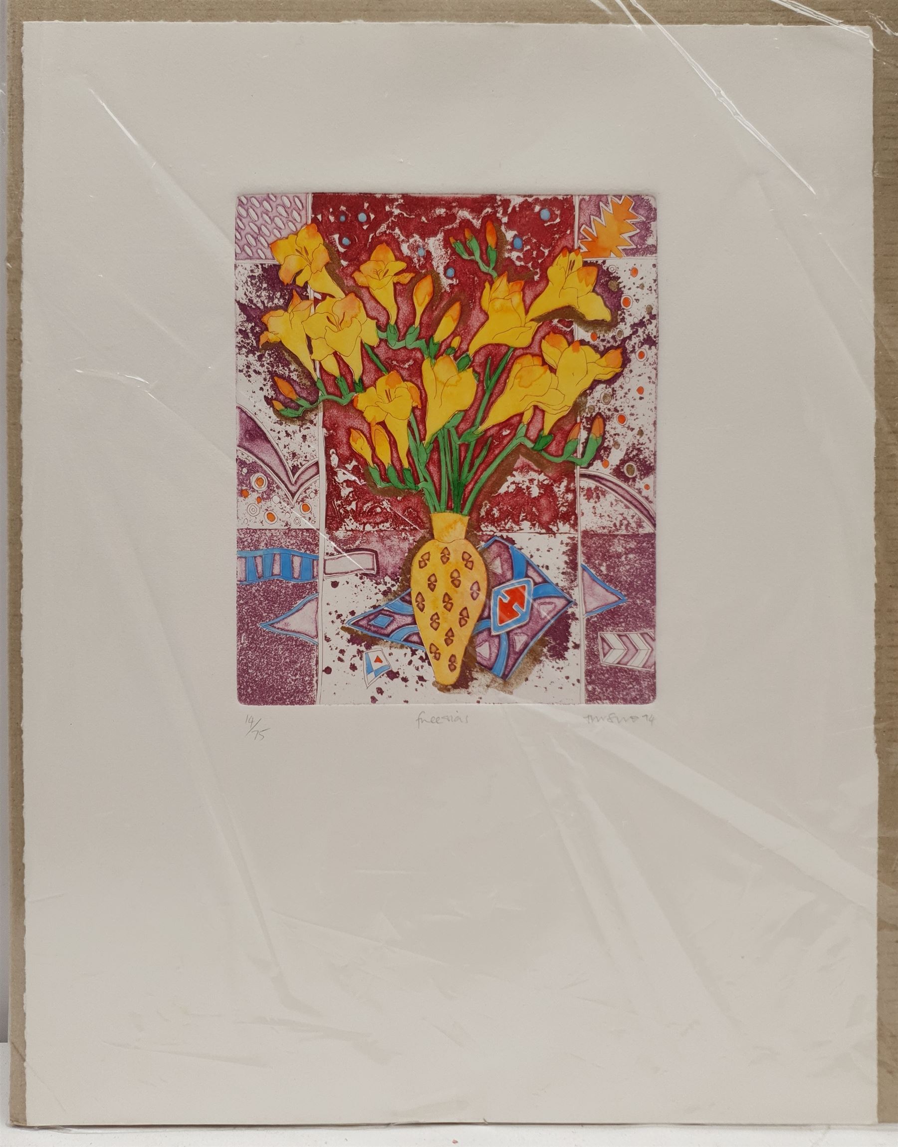 Tanya Short (British 1955-): 'Freesias', coloured etching signed titled and numbered 14/75, 15cm x 12.5cm; J Ortega (Contemporary): Iris and Tulip, pair coloured aquatints signed and numbered 50cm x 10cm (3) (unframed)