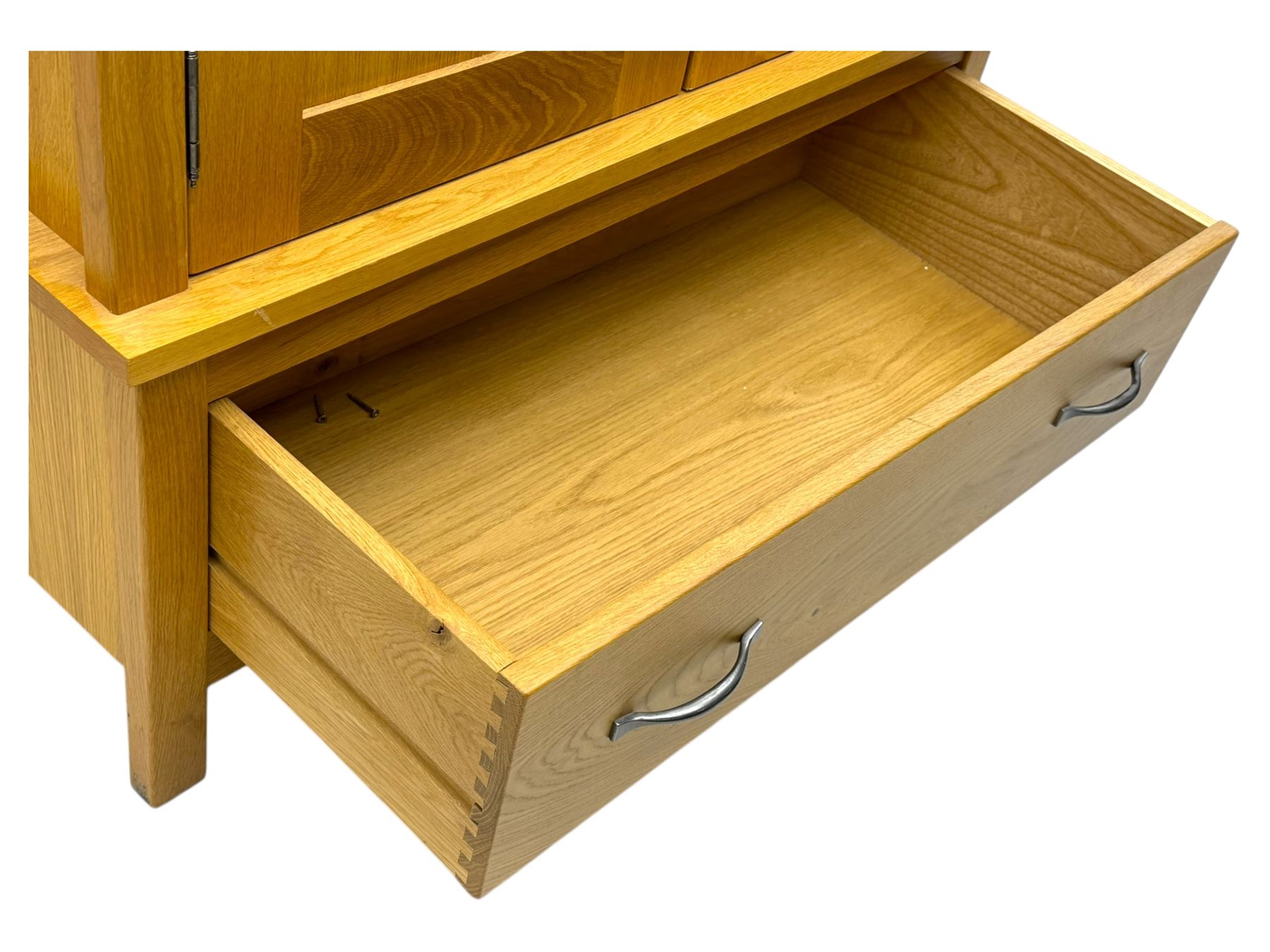 Light oak double wardrobe, hanging rail with single drawer on square legs 