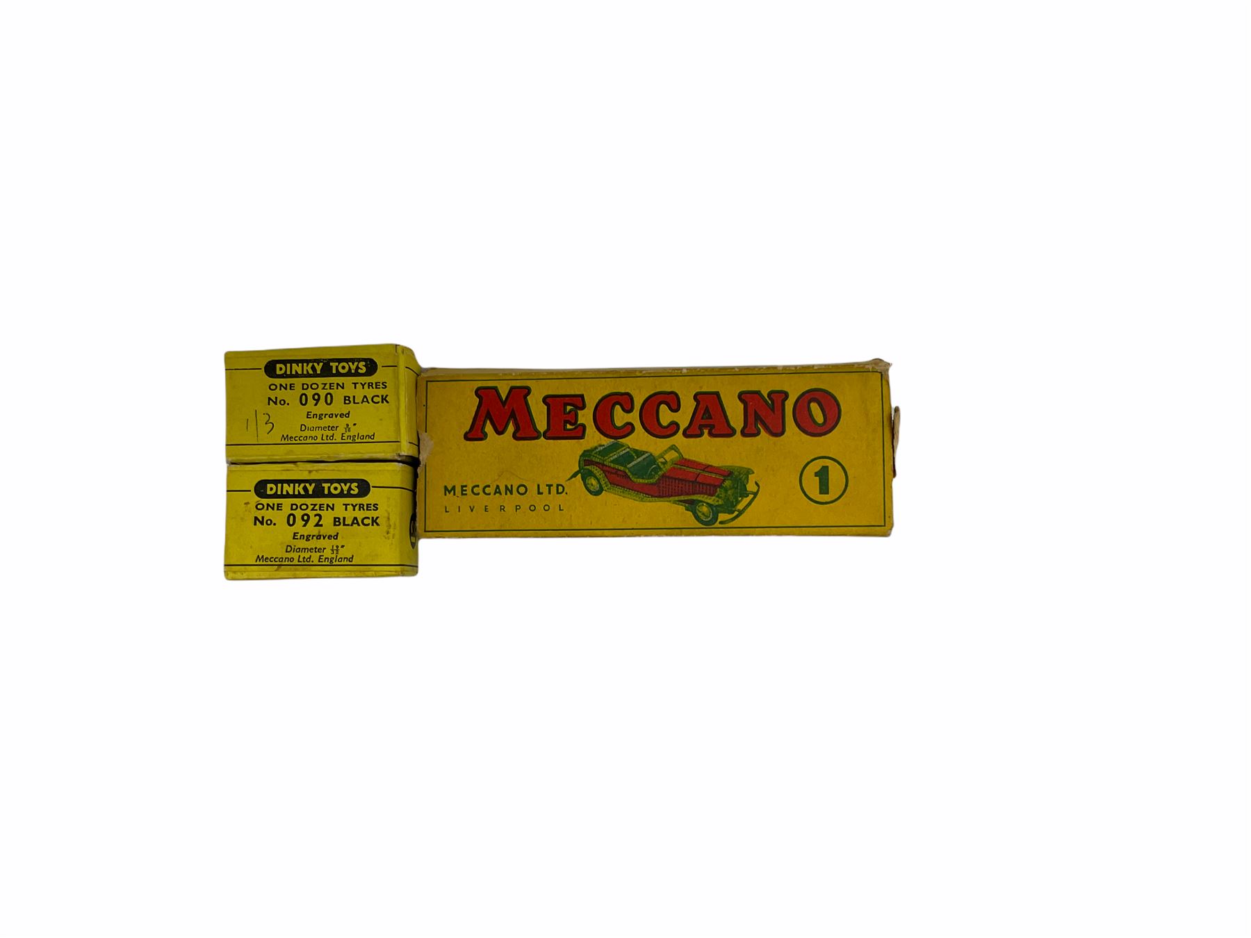Dinky - seven unboxed and playworn die-cast models including Bristol 450 No.163, two Cooper-Bristol racing cars No.233, Mercedes Benz No.237, Austin Healey with driver No.109 etc; and two boxes of one dozen  Tyres Nos.090 and 092(unopened) (9)