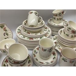 Wedgwood Queens Ware tea and dinner wares in Provence pattern, including ten cups and saucers, milk jug, butter dish with cover, ten dinner plates, ten bowls and ten side plates etc (71), together with Royal Doulton tea wares in Canton pattern, comprising six cups and saucers, milk jug, open sucrier and six dessert plates.    