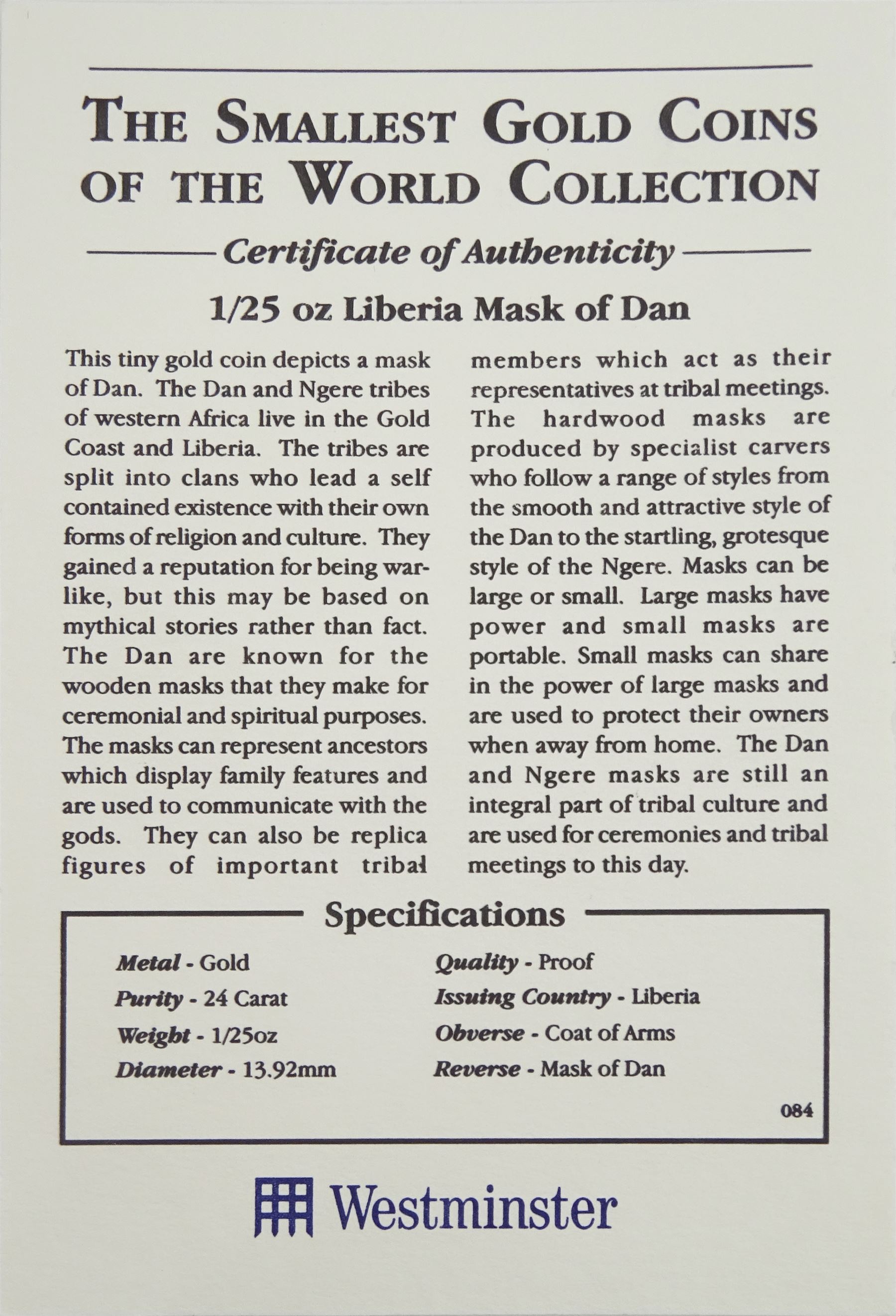Republic of Liberia 2000 fine gold 1/25 ounce 'Liberia Mask of Dan' coin from 'The Smallest Gold Coins of the World Collection', with certificate