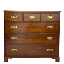 Georgian military type campaign chest, narrow rectangular top over three short and three long drawers, recessed brass handles, on bracket feet