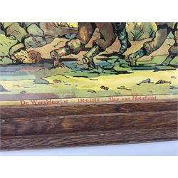 WW1 chromolithograph print of a battle scene with French and German soldiers in a wood, entitled 'De Wereldoorlog 1914-18 Slag Van Houthulst' 35 x 49cm, oak frame; and a framed WW1 regimental testimonial to 49744 Pte. E. Jagger KOYLI, gilt frame (2)