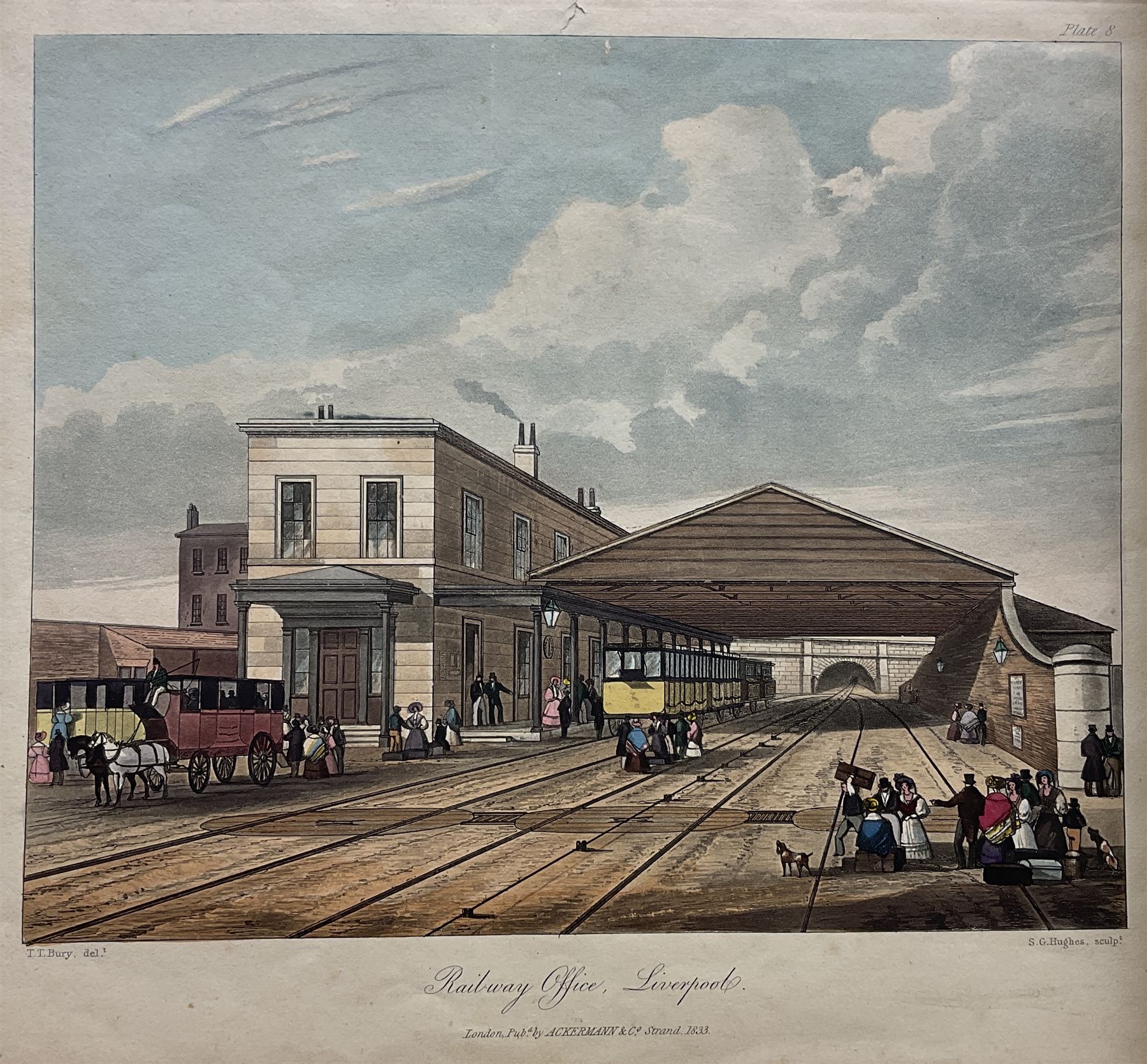 Henry Pyall and S G Hughes after Thomas Talbot Bury (British 1811-1877): Views on the Liverpool and Manchester Railway, twelve aquatints (two doubled up) with hand colouring pub. Ackermann c.1831-1833, 20cm x 25cm (12) (unframed)
Notes: Plates consist of: '[1] The Tunnel' (x2) (both 1831 and 1833 editions), '[2] Entrance of the Railway at Edge Hill Liverpool', '[3] Excavation of Olive Mount four miles from Liverpool', '[6] Entrance into Manchester across Water Street', '[8] Railway Office Liverpool', '[9] Warehouses at the end of the Tunnel towards Wapping' (x2) (both 1831 and 1833 editions), '[10] Moorish Arch looking from the Tunnel' '[11] Near Liverpool looking towards Manchester', '[12] Rainhill Bridge', '[13] Taking in Water at Parkside'.