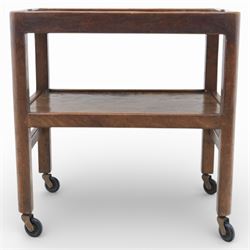 Yorkshire oak dark stained tea trolley, adzed two tier table, raised on castors