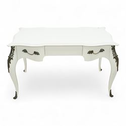 And So To Bed - French design white painted dressing table, serpentine top over two drawers, with decorative mounts and shaped cabriole legs