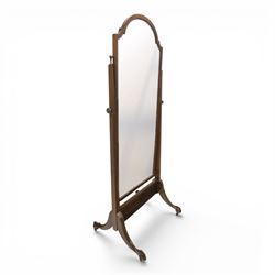 Georgian style mahogany cheval mirror, arched rectangular mirror plate within a moulded frame, on turned supports with brass adjustment mounts, raised on downswept supports terminating in claw feet
