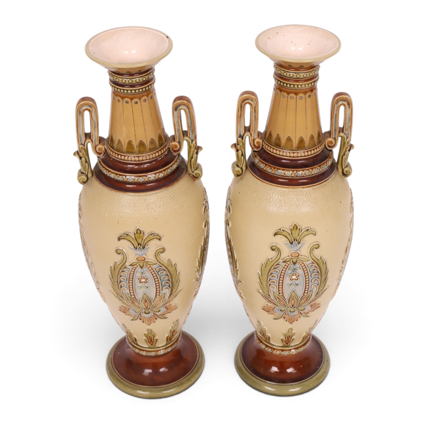 Villeroy & Boch Mettlach, pair of twin handled vases, decorated with floral panels and beaded neck, model 2505, H34cm 