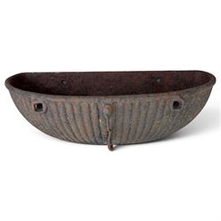 Pair of Victorian wrought iron D-shaped planters, rolled rim over a gadrooned body with fixing holes and ring to the front