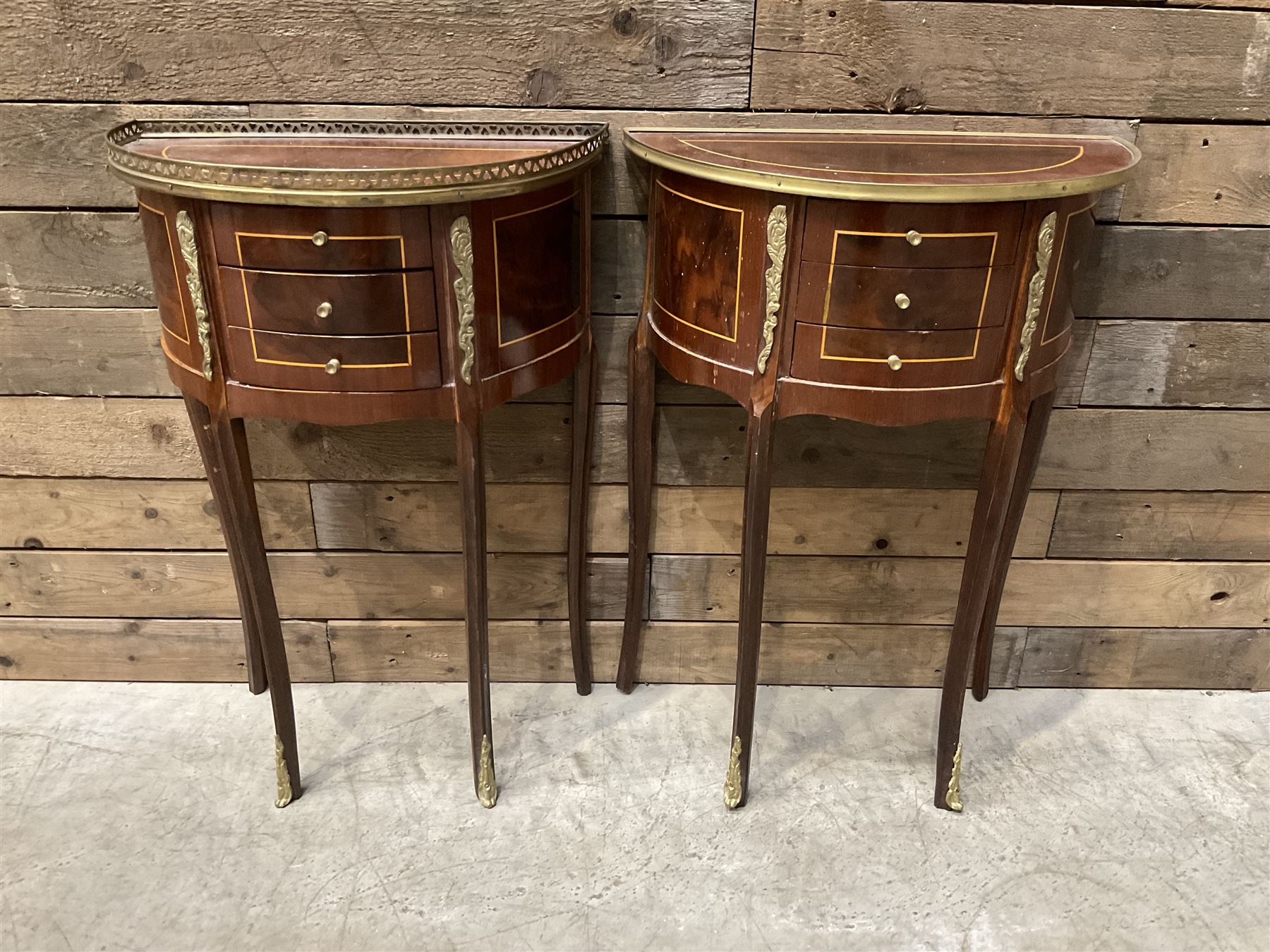 Pair French Louis XVI design demi lune side table, three drawers, on shaped cabriole legs