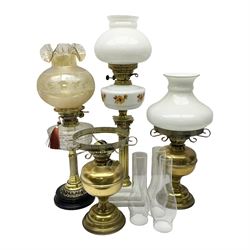 Brass Corinthian column oil lamp, upon stepped marble base, together three other brass table lamps, tallest H68cm