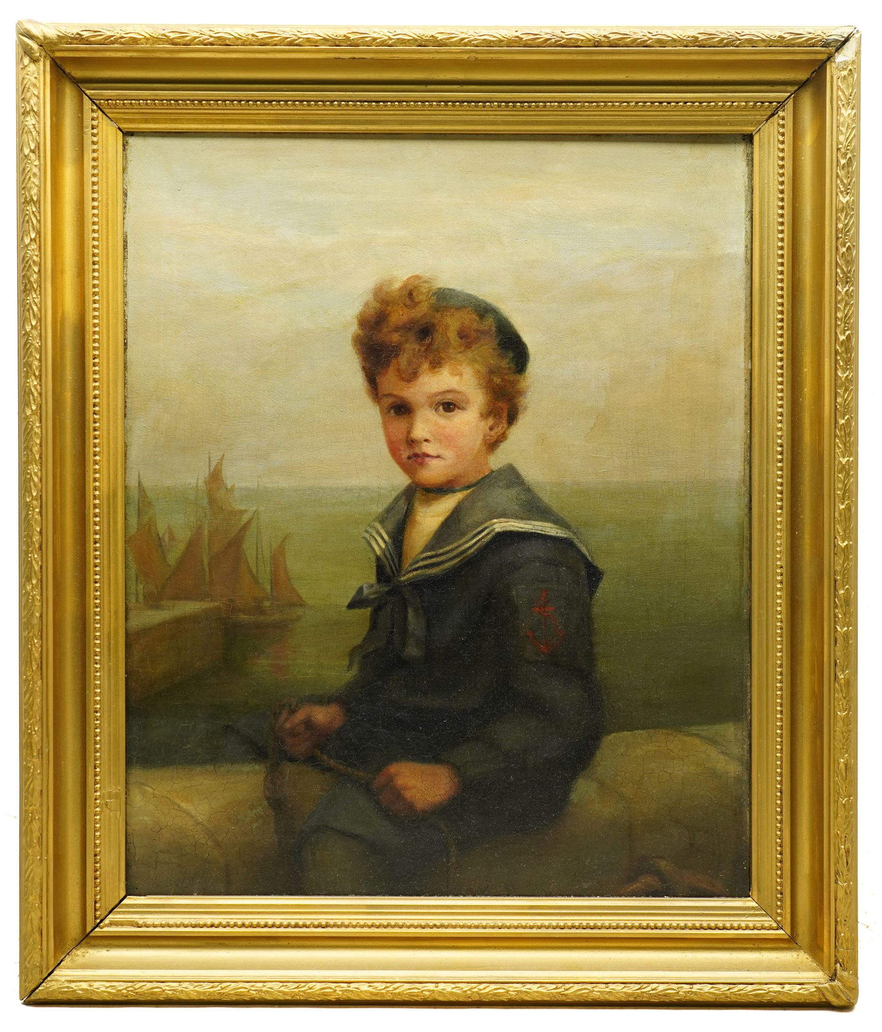 Circle of Frederick Morgan (British 1847-1890): Portrait of The Little Sailor Boy, oil on canvas unsigned, labelled verso 52cm x 43cm
Provenance: The Selected Contents of Eden Lacy, Lazonby, from the estate of Victor Gubbins, purchased from James Thompson, Kirkby Lonsdale according to label verso