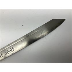 German Reichsarbeitdienst RAD Leader's Hewer dagger, the 26cm single edged scimitar shaped blade with narrow fuller, etched Arbeit adelt; by E.D. Wusthof, Solingen; the aluminium hilt with spade and wheat ear langet; two piece white plastic grip and eagle head pommel; pebbled steel scabbard engraved with ears of wheat and strapwork with double leather hangers L40cm overall