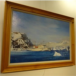  Colin Verity (1924-2011) Exploration vessel at anchor near the icepack, oil on canvas, signed, 50cm x 75cm   