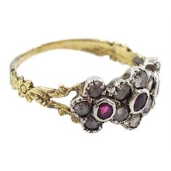 19th century 14ct gold and silver ruby and rose cut diamond flower head cluster ring, with foliate design shoulders