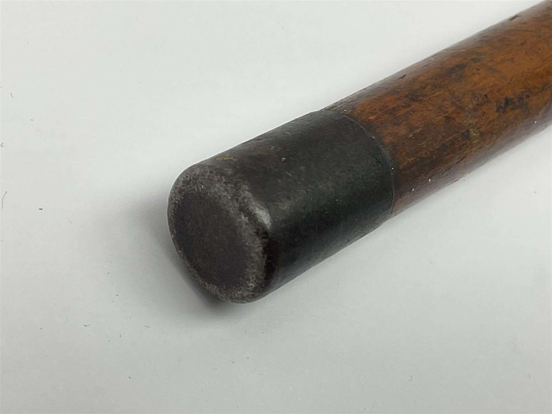 19th century malacca walking cane, the screw threaded domed cover opening to reveal vacant recess, above a further screw threaded opening revealing a removable glass vial with stopper, glass vial L41cm, cane L89.5cm