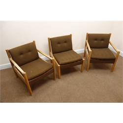  Set three Ercol beech armchairs, upholstered back and seat, W61cm  
