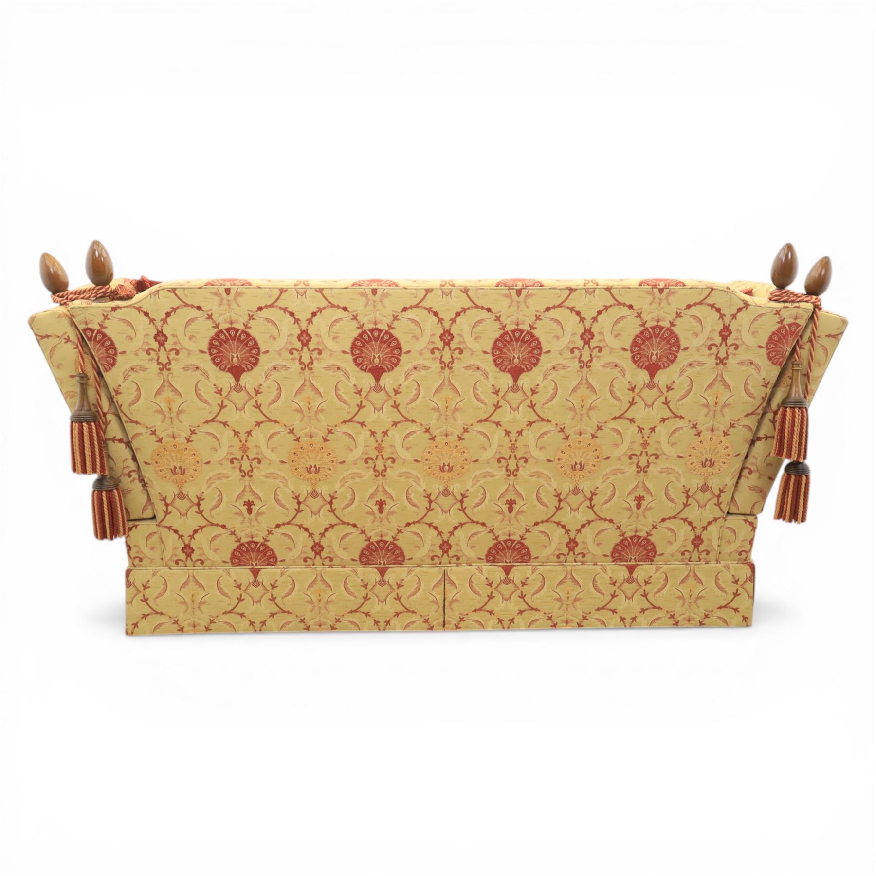 David Grundy - Medium Knoll style drop-arm settee in patterned fabric with eight associated scatter and bolster cushions